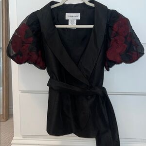 Victor Costa black puff sleeve silk top with roses